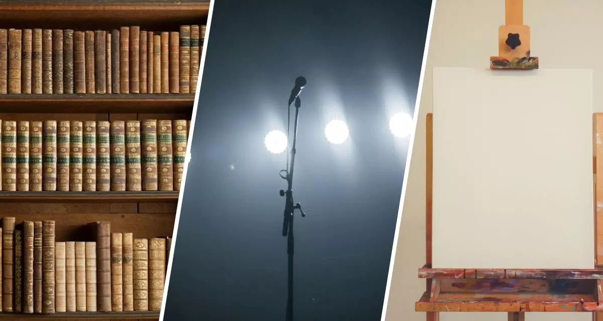 Kulturpolitik umfasst viele verschiedene Dimensionen. Fotos: Pixabay | RonPorter, Unsplash | Redd Francisko, Unsplash | Justyn Warner; Collage: LpB BW Collage aus drei Bildern. Links ein Regal mit alten Büchern, in der Mitte ein Mikro auf einer Bühne, rechts eine leere Leinwand auf einer Staffelei.