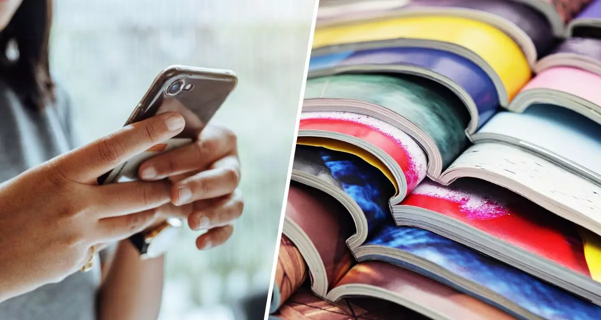 Symbolbilder: Canva, Pixabay|kconcha, Collage: LpB BW Fotocollage. Links eine Frau, die aufs Handy blickt, rechts ein Stapel Zeitschriften.